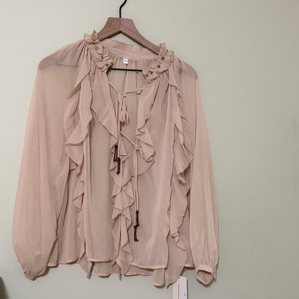 Commense Sheer Ruffle Tie-Neck Blouse in Light Beige